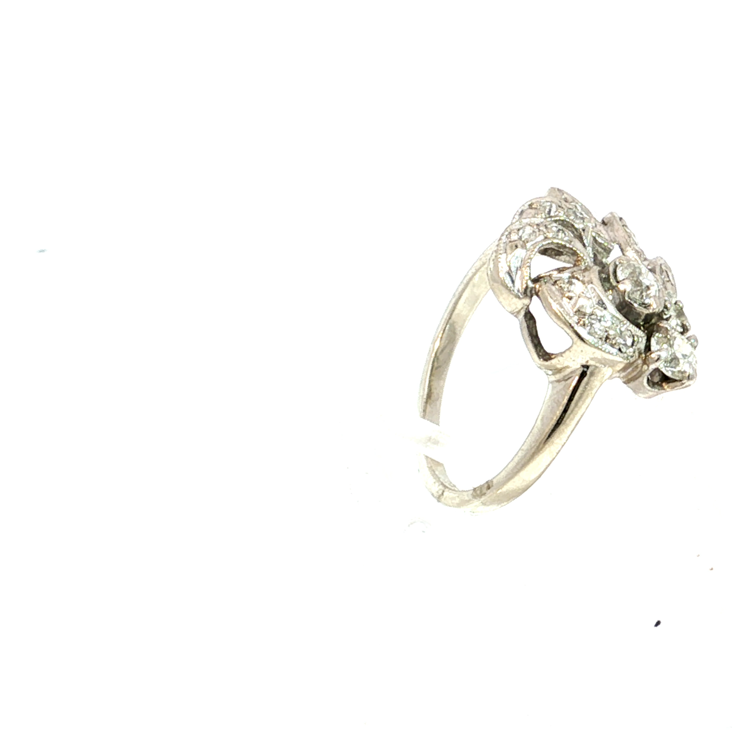 Floral Motif Natural Diamond Retro Cocktail Ring in 14k White Gold