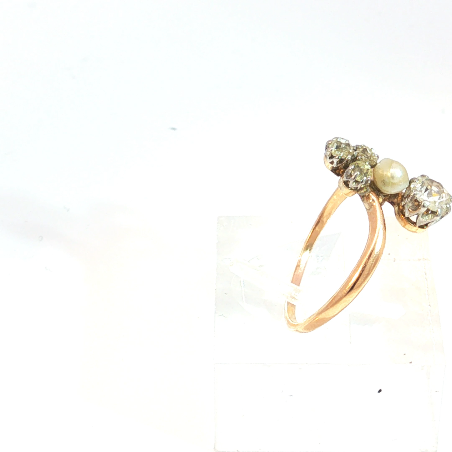 Antique Edwardian Old Mine Cut Diamond and Pearl Bypass Ring in 14k Rose Gold