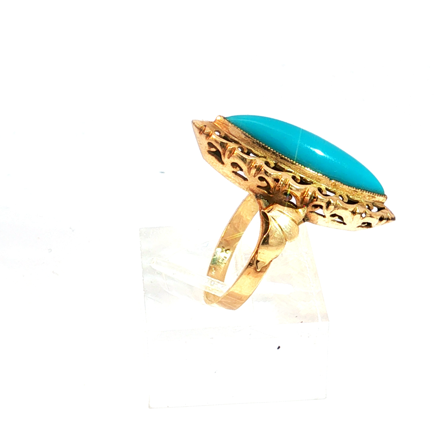Antique Victorian Marquise Turquoise Filigree Cocktail Ring in 14k Yellow Gold