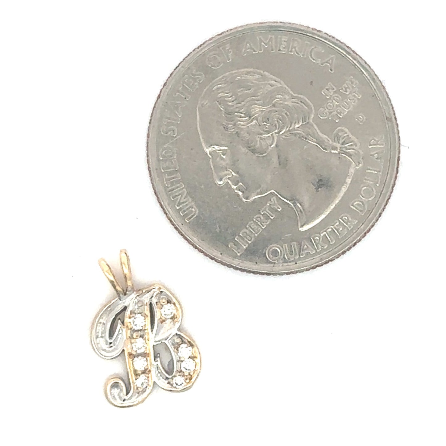 Vintage two-toned 14k gold initial 'B' pendant with natural diamonds by Silver Lady Vintage, showcasing intricate design and sparkle.