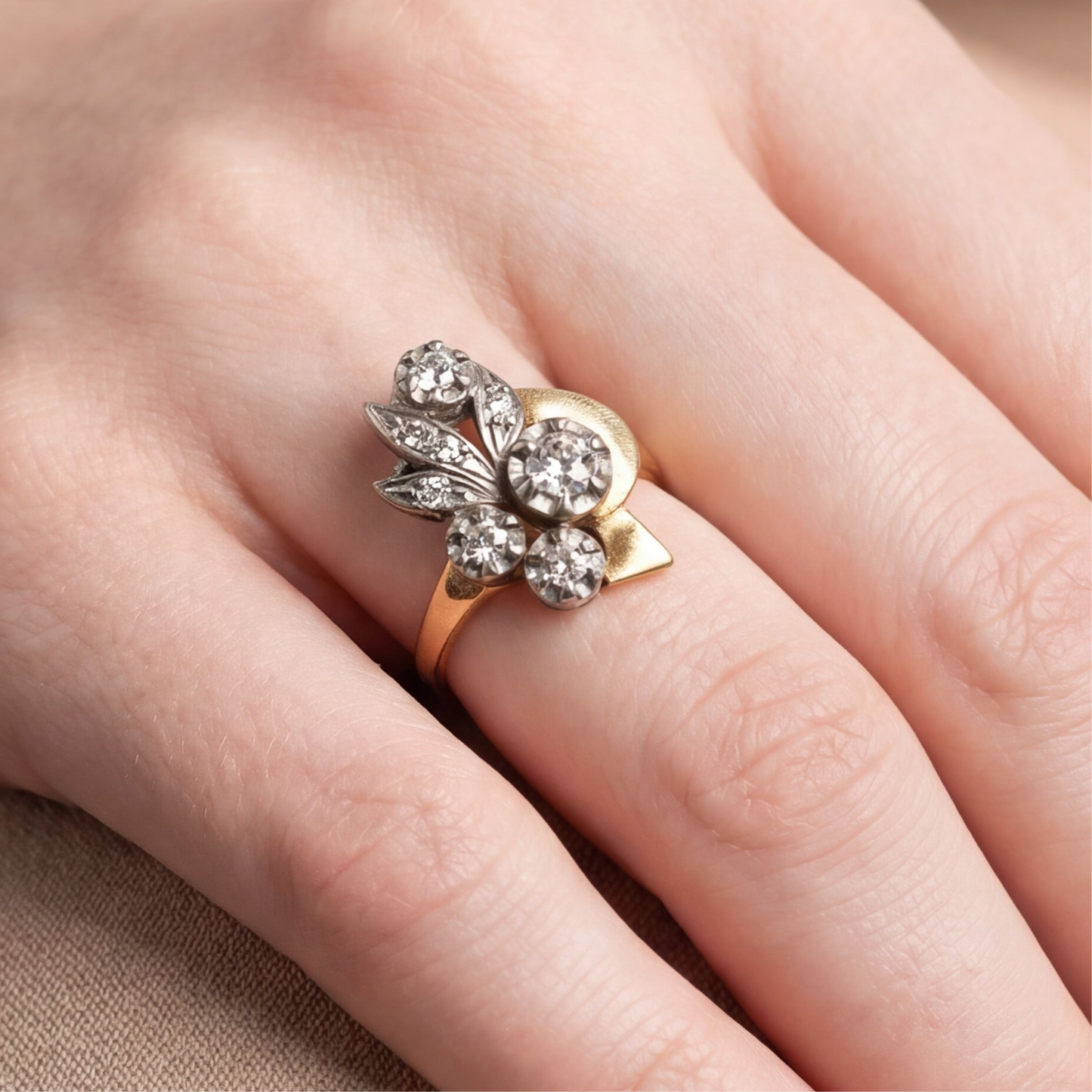 Vintage old mine cut diamond cocktail ring circa 1930s