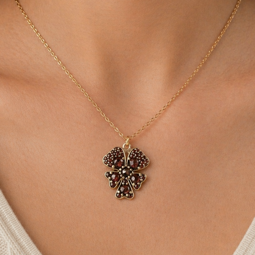 Antique Victorian garnet pansy pendant necklace in 9k yellow gold, featuring intricate floral design and vintage craftsmanship.