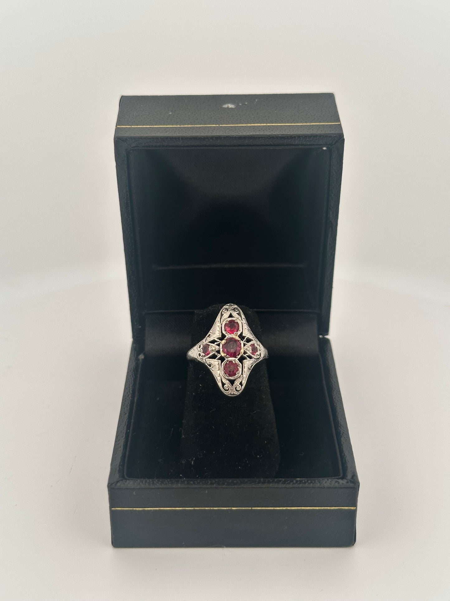 Antique art deco natural old mine cut ruby ring in 18k white gold