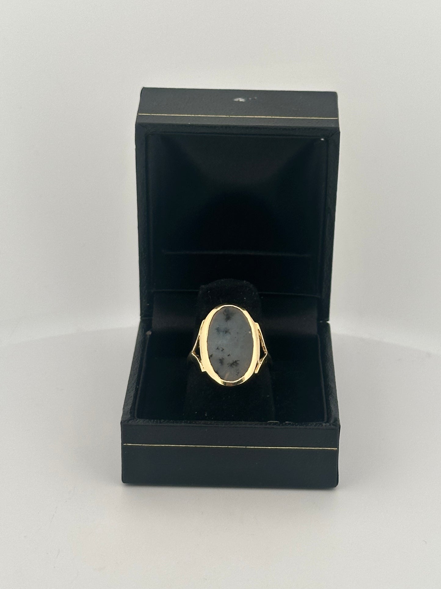 Dendritic agate cabochon ring in 10k yellow gold