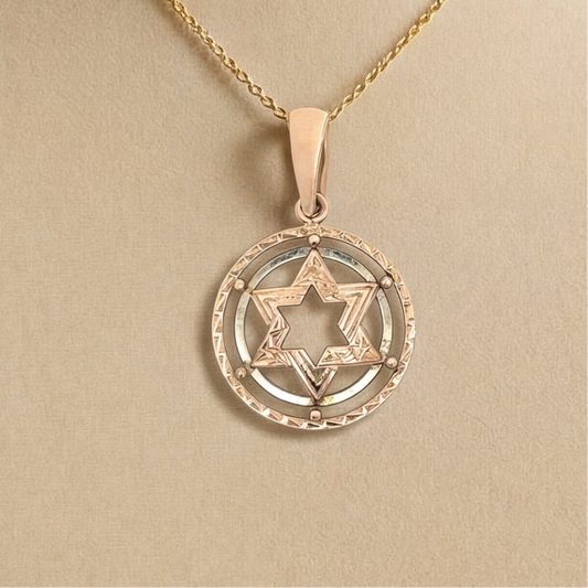 Vintage Star of David medallion pendant in 14k yellow rose and white gold