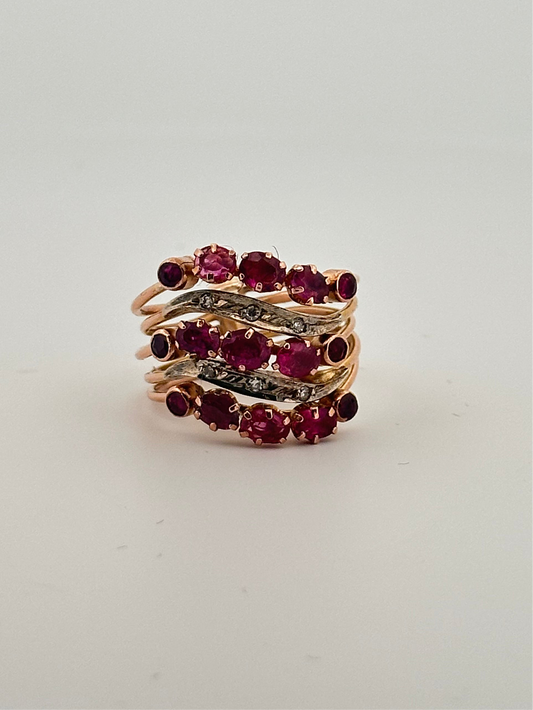 Vintage Natural Ruby and Diamond five band cocktail ring - 14k rose gold