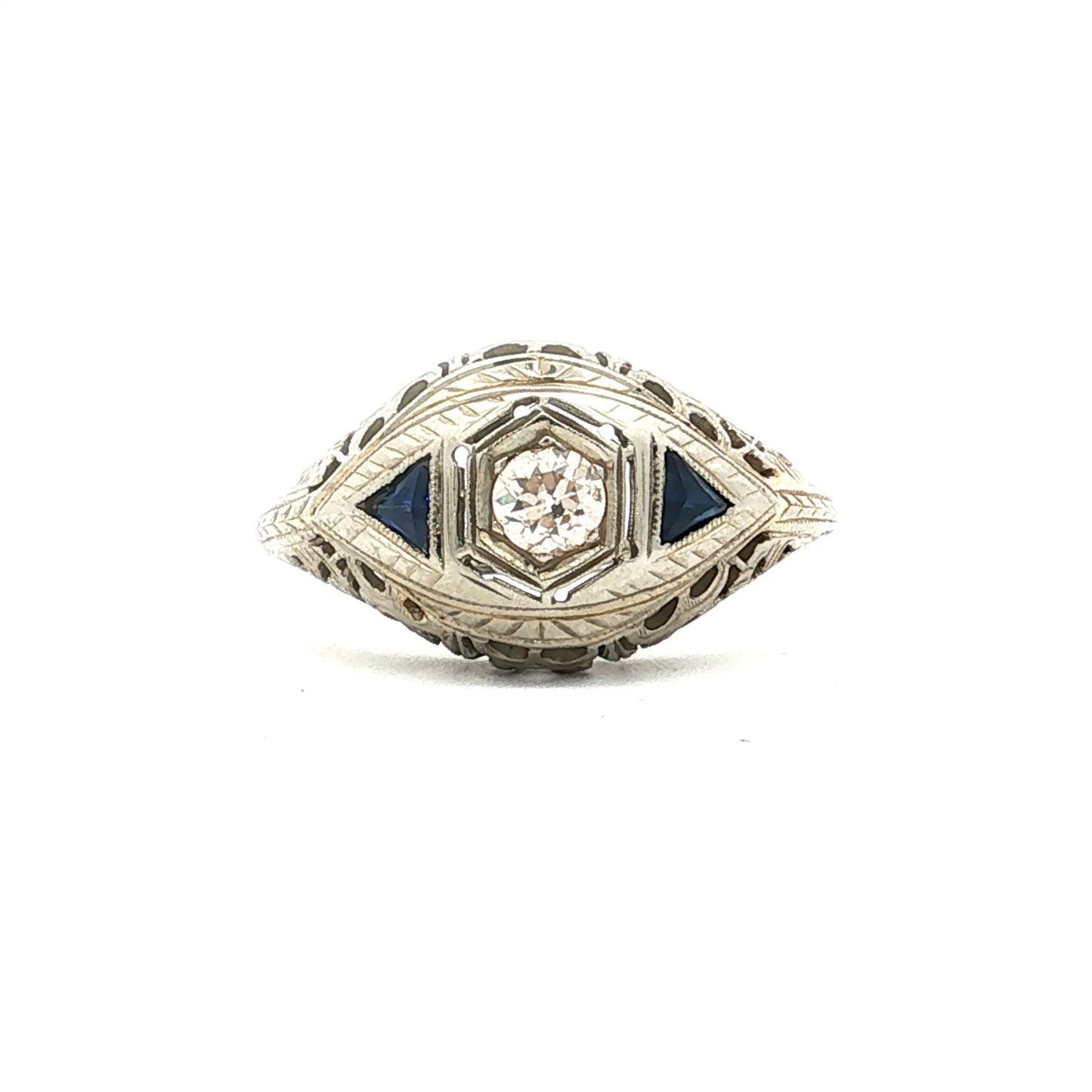 Antique Art Deco Diamond and Sapphire Filigree Cocktail ring in 18k White gold