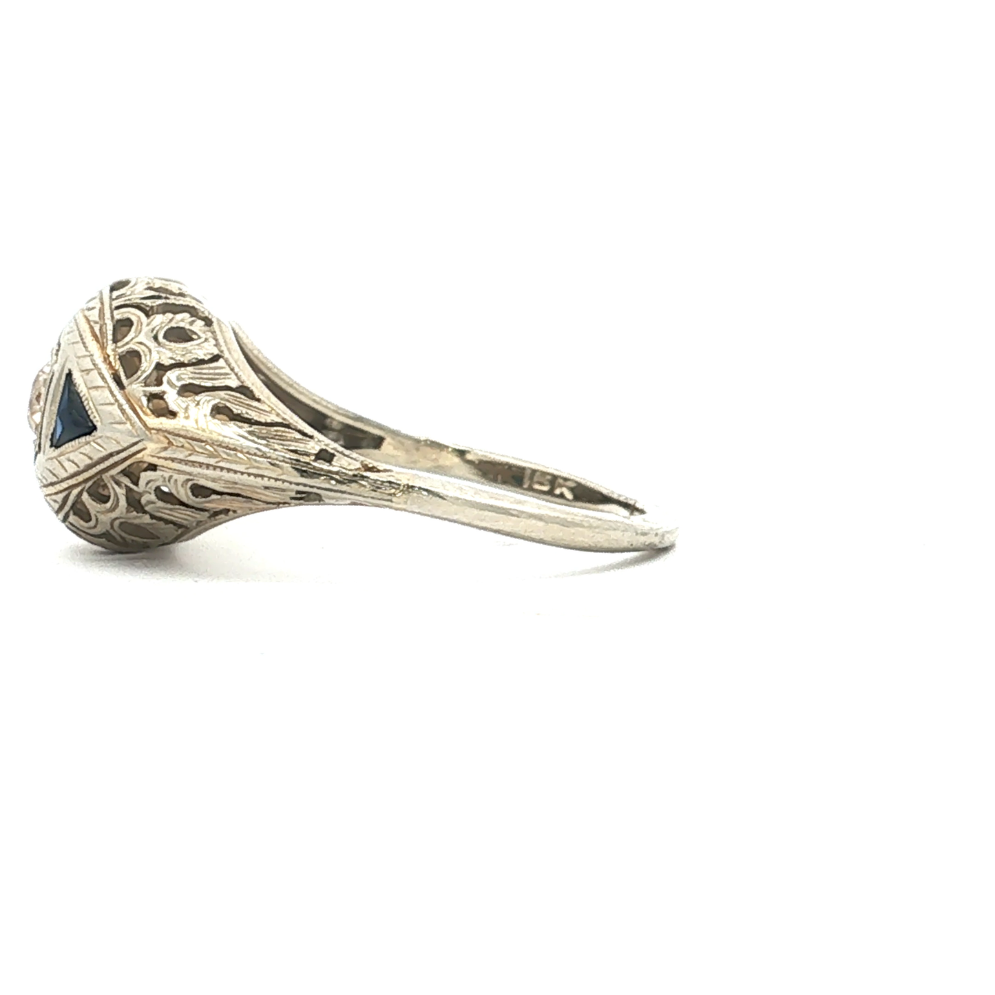 Antique Art Deco Diamond and Sapphire Filigree Cocktail ring in 18k White gold