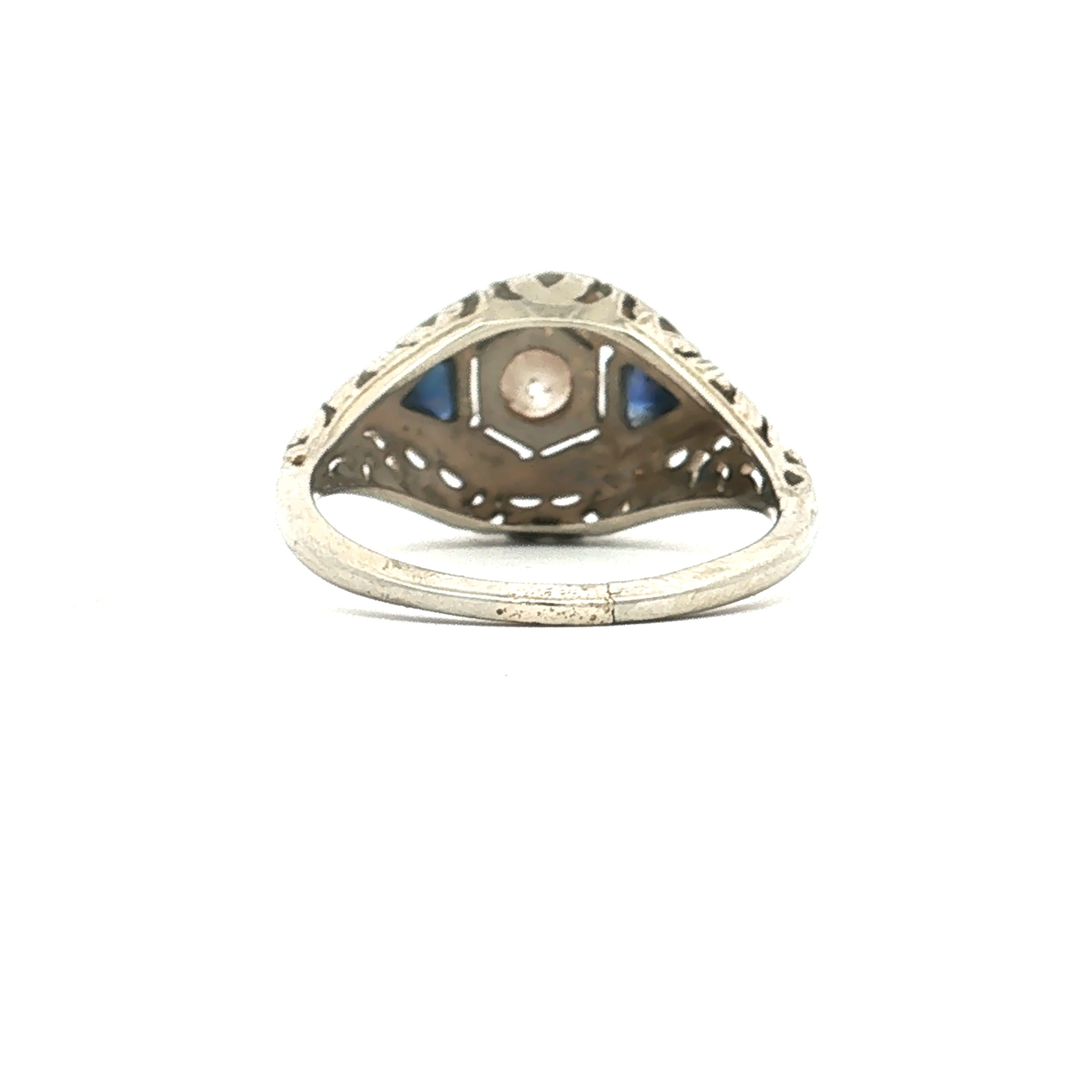 Antique Art Deco Diamond and Sapphire Filigree Cocktail ring in 18k White gold
