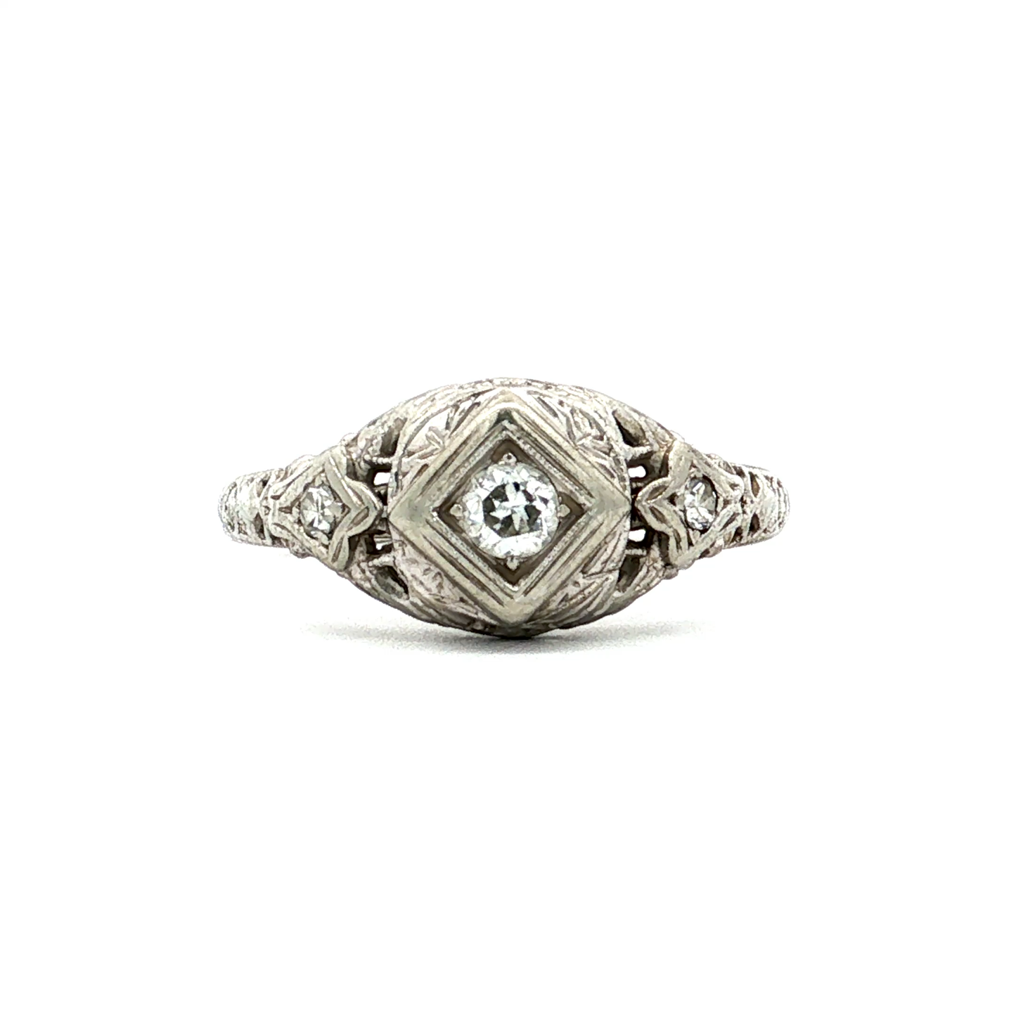 Antique Art Deco Filigree Diamond Ring in 14k White Gold