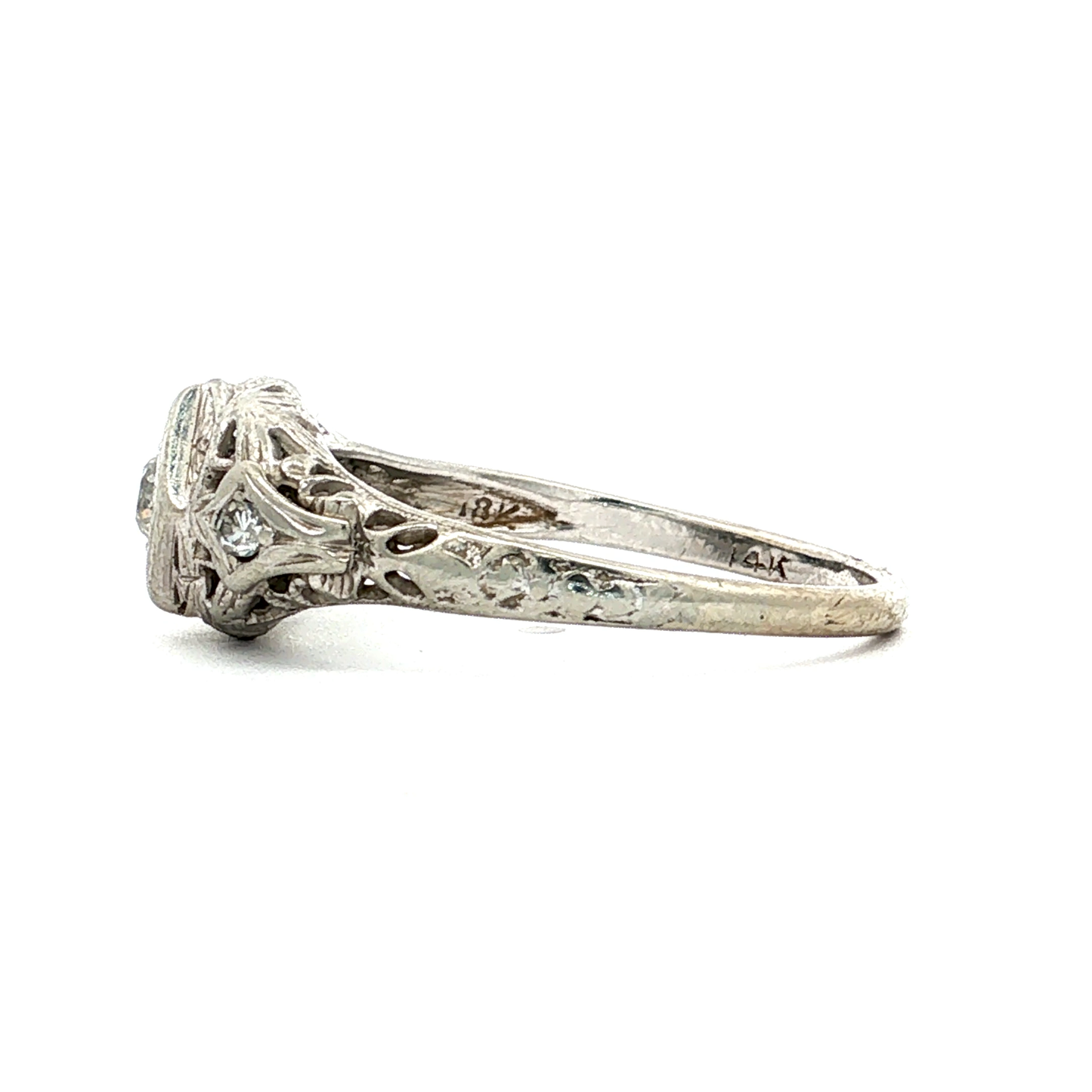 Antique Art Deco Filigree Diamond Ring in 14k White Gold