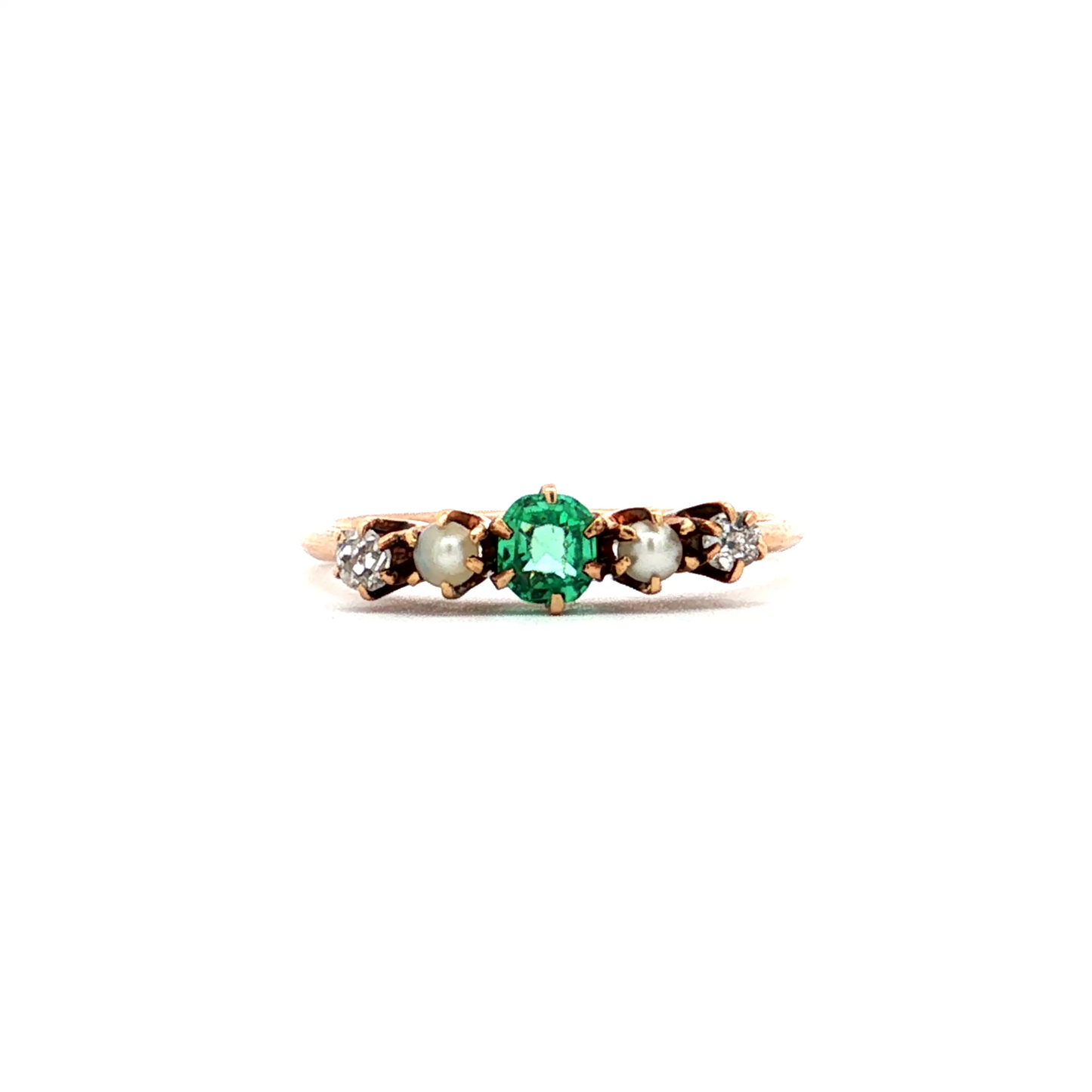 Antique Edwardian Emerald Diamond and Pearl Multi-Stone Ring in 14k gold.