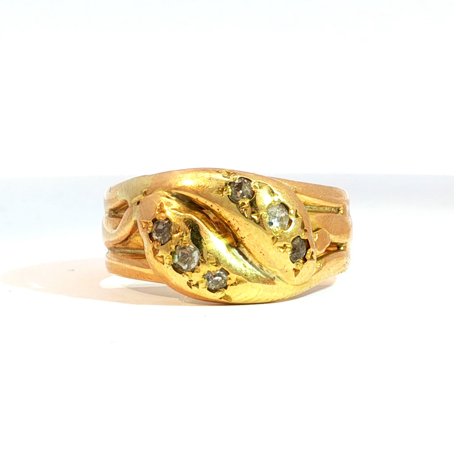 Antique Victorian Double Snake Old Mine Cut Diamond Ring in 18k Yellow Gold
