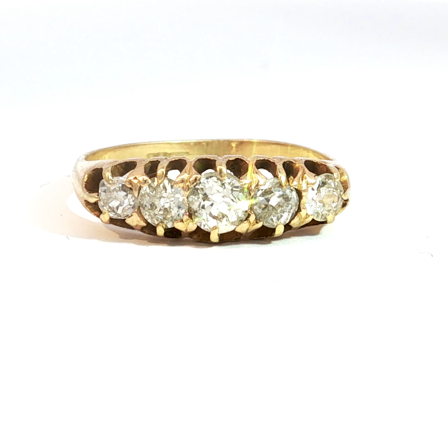 Five-Stone Old Mine Cut Diamond Antique Victorian Half-Hoop Ring in 18k Yellow Gold