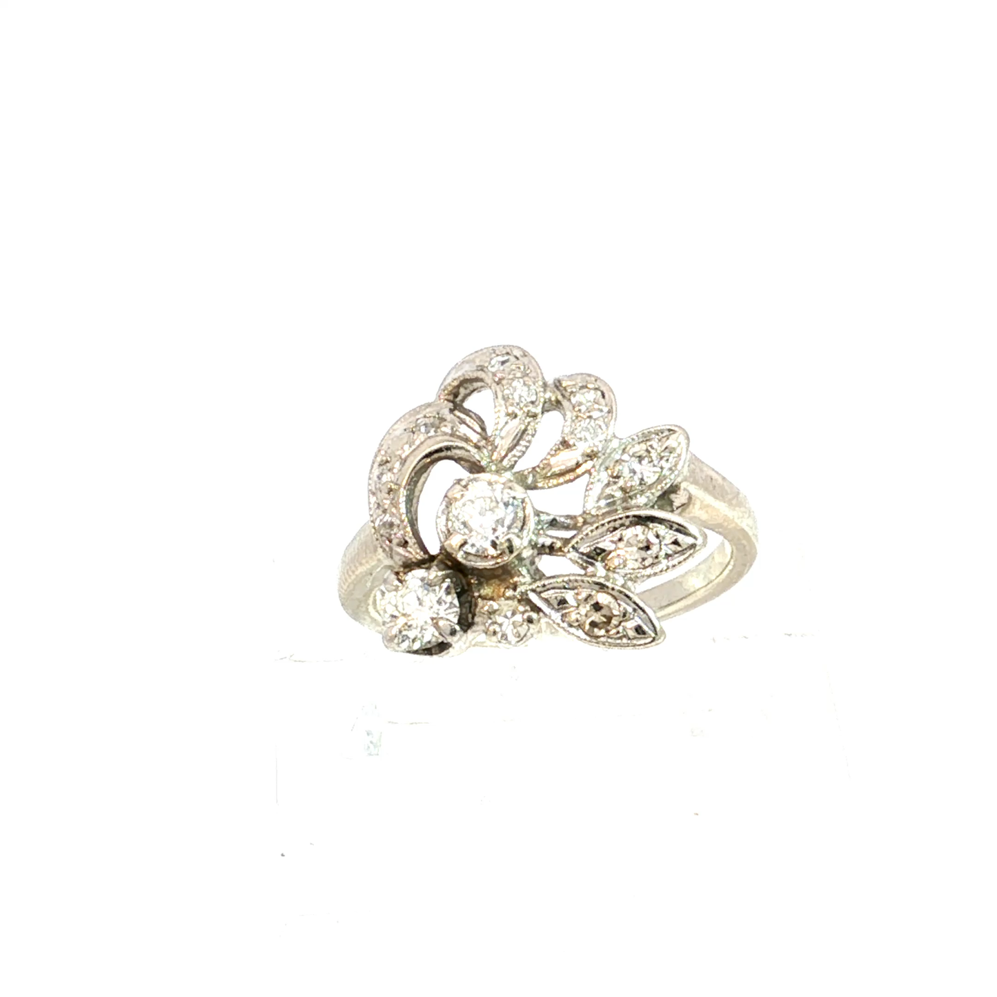 Floral Motif Natural Diamond Retro Cocktail Ring in 14k White Gold