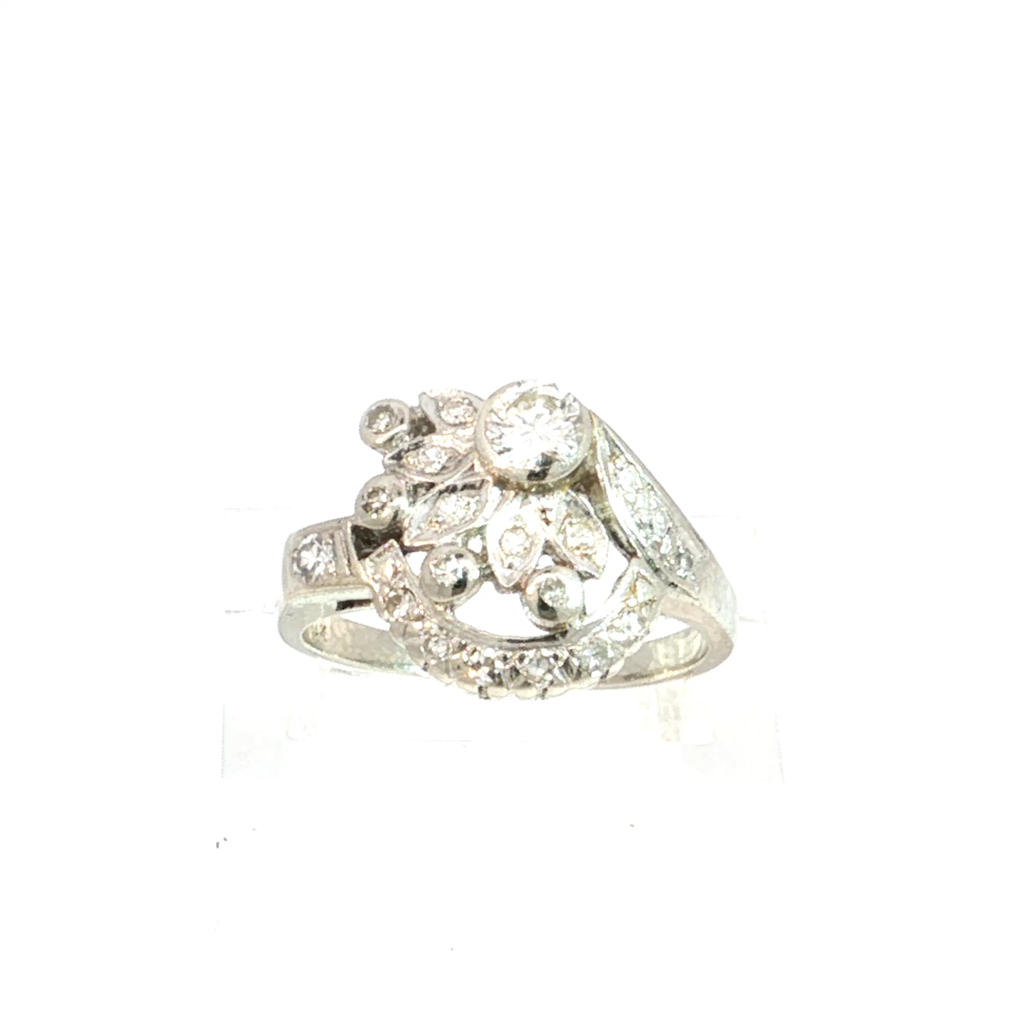 Vintage Natural Diamond Floral Cocktail Ring in 14k White Gold