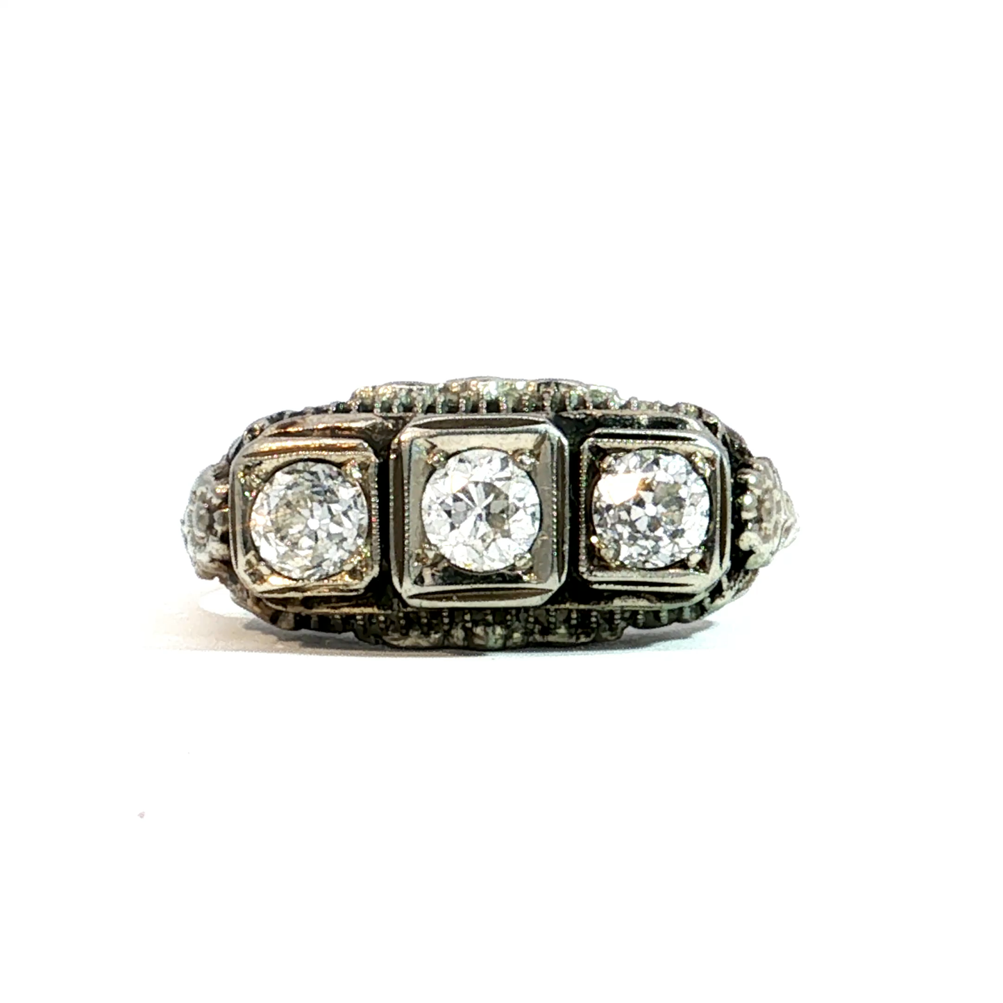 Art Deco Triple Old European Cut Diamond Ring in 18k White Gold
