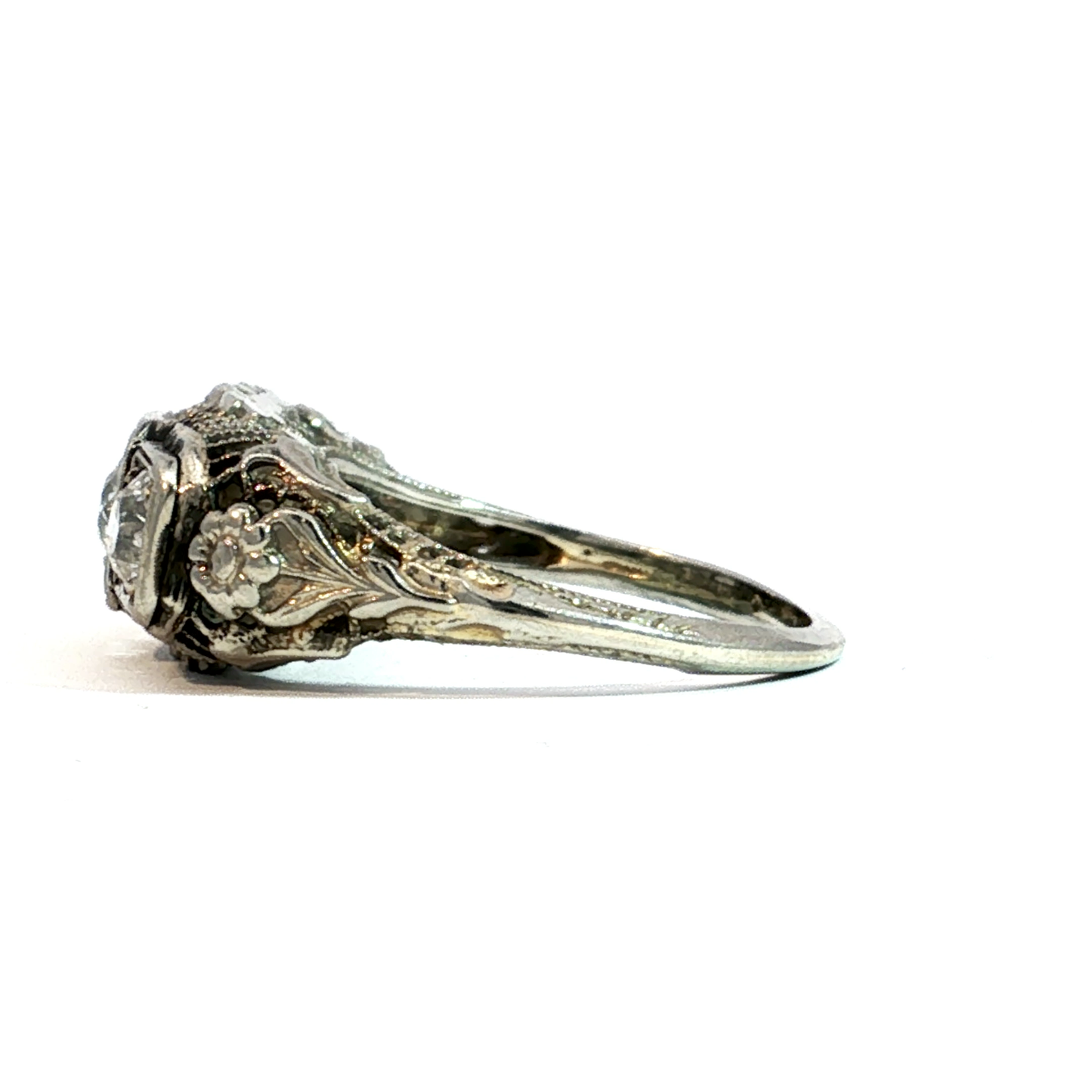 Art Deco Triple Old European Cut Diamond Ring in 18k White Gold