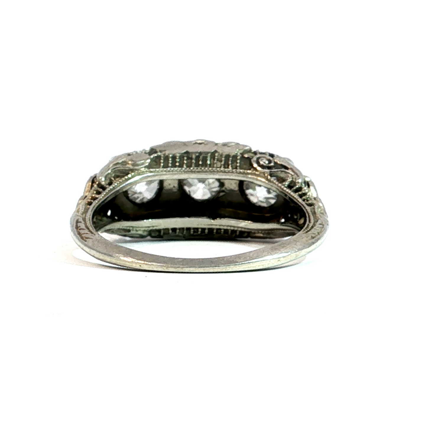 Art Deco Triple Old European Cut Diamond Ring in 18k White Gold