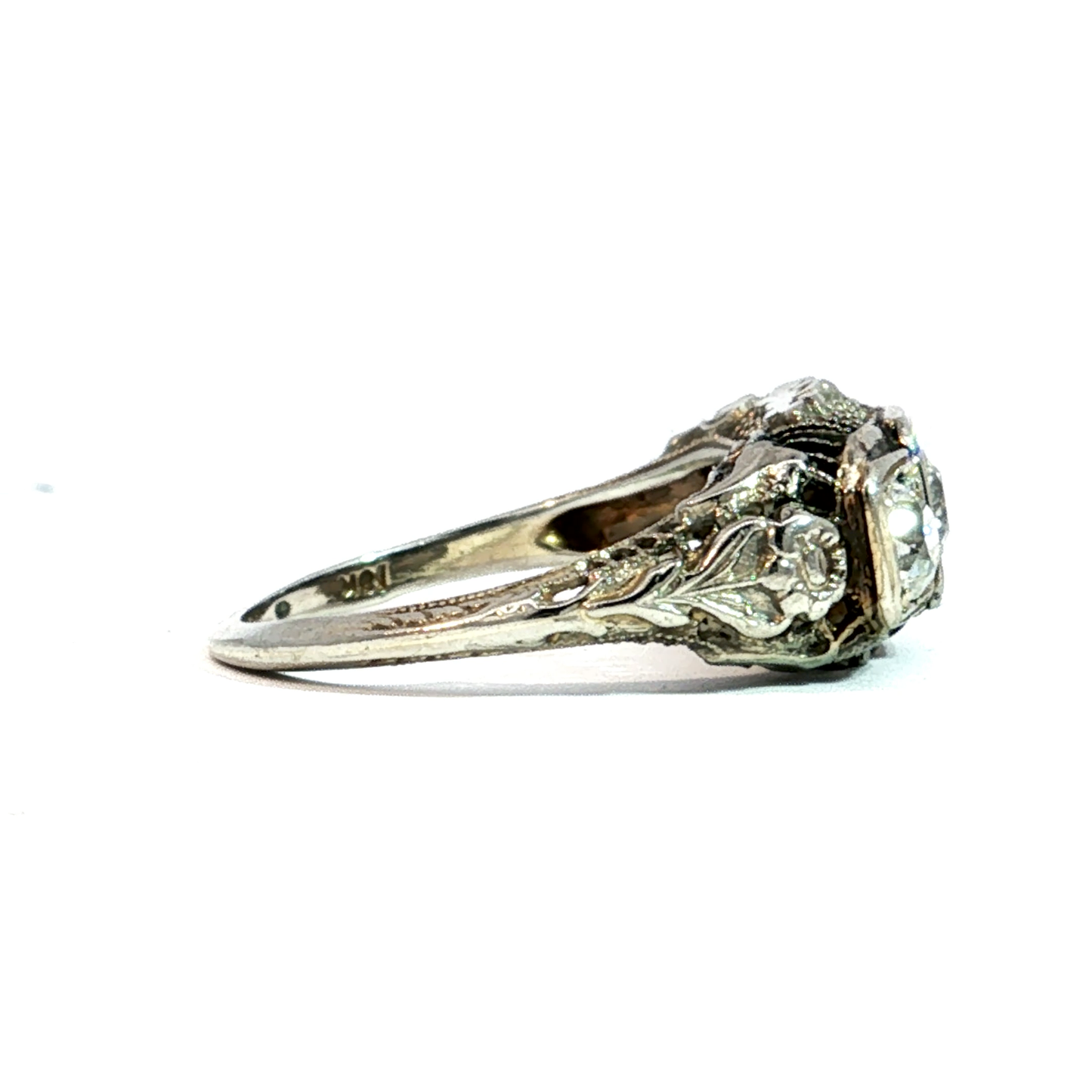 Art Deco Triple Old European Cut Diamond Ring in 18k White Gold