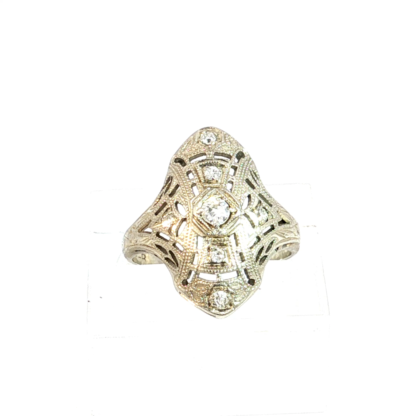 Antique Art Deco Filigree Shield Ring in 18k White Gold