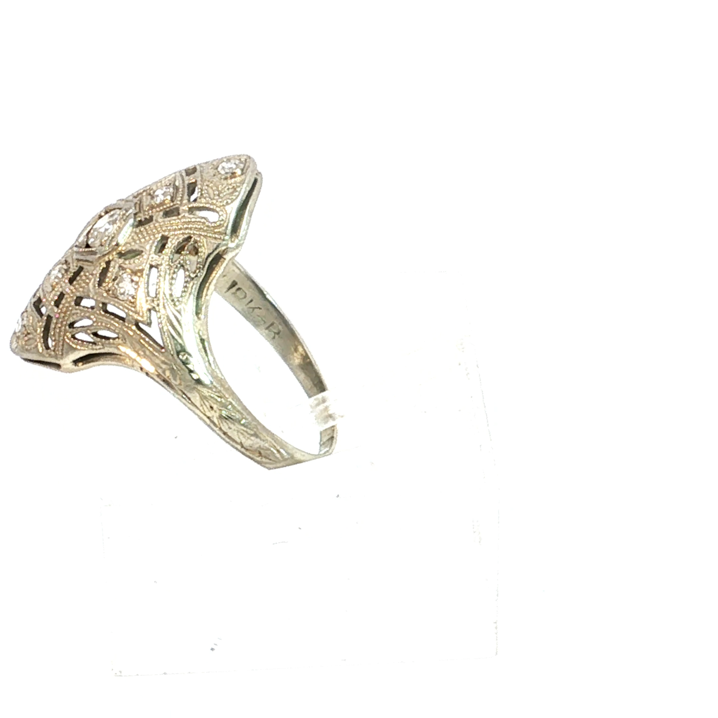 Antique Art Deco Filigree Shield Ring in 18k White Gold