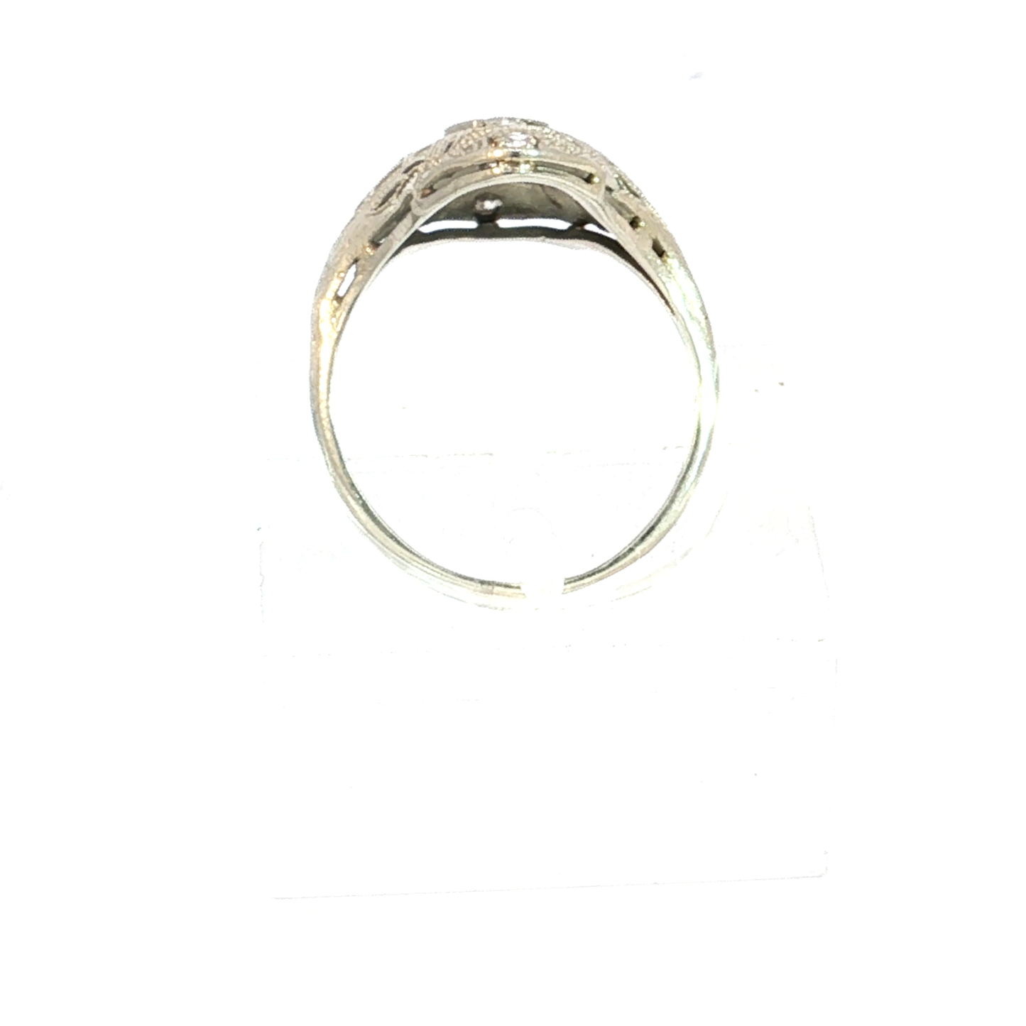 Antique Art Deco Filigree Shield Ring in 18k White Gold