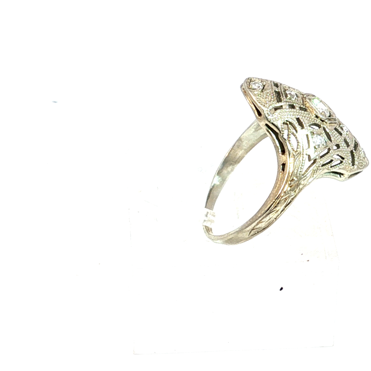 Antique Art Deco Filigree Shield Ring in 18k White Gold