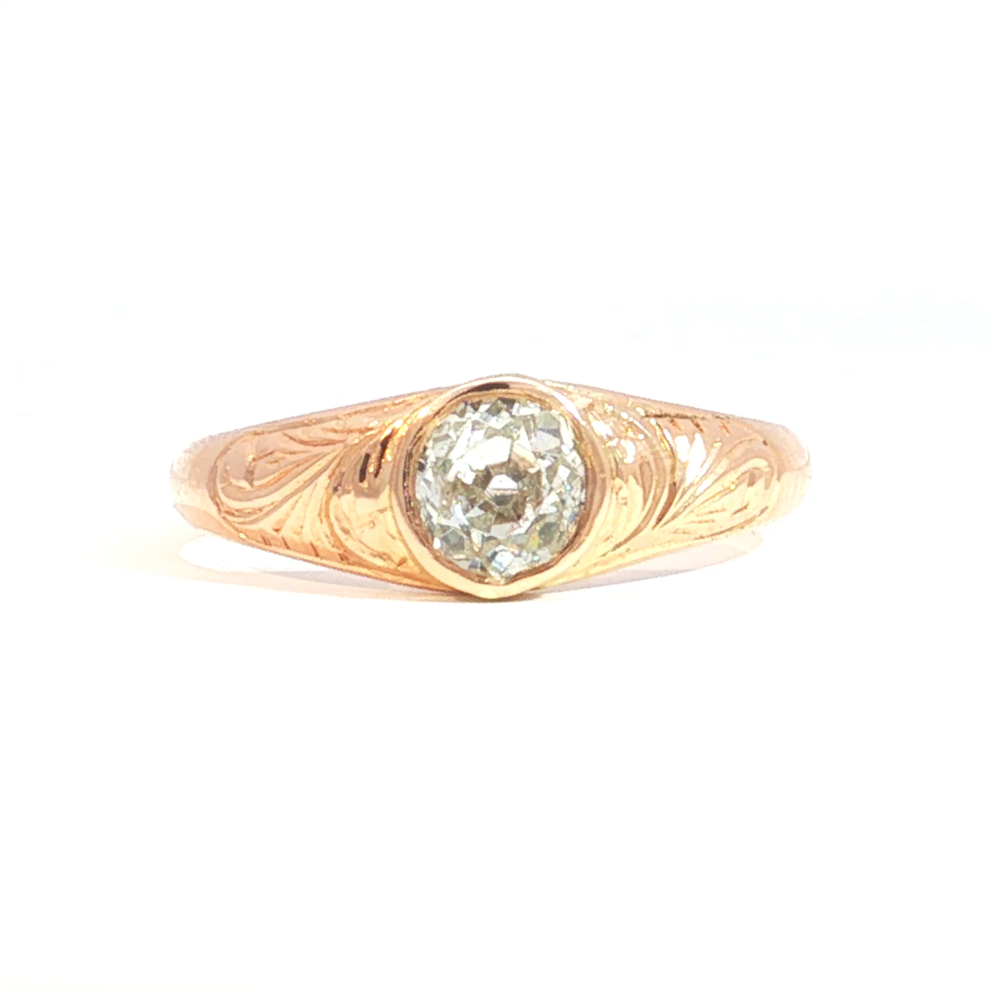 Antique Victorian Bezel Set Old Mine Cut Natural Diamond Solitaire Ring in 14k Rose Gold