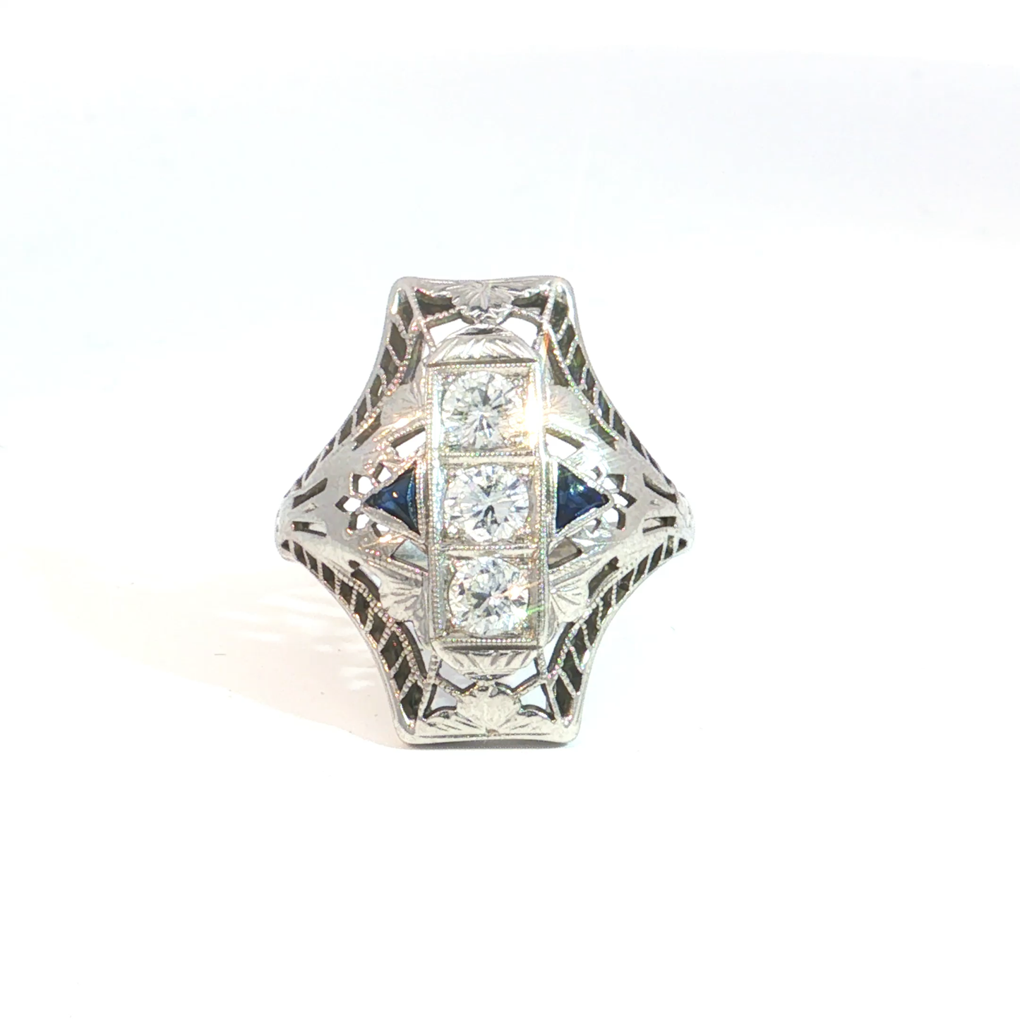Antique Art Deco Shield Ring with Sapphire and Diamonds in 18k White Gold