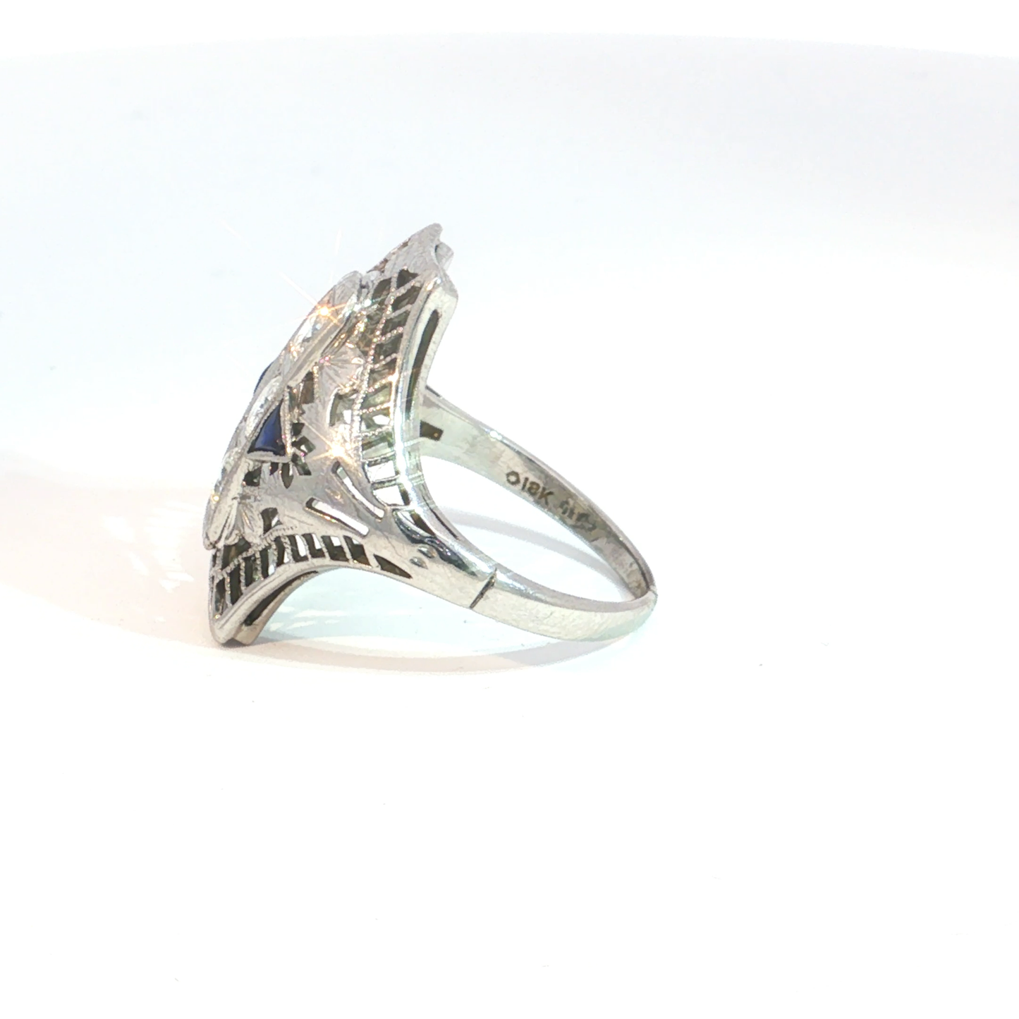 Antique Art Deco Shield Ring with Sapphire and Diamonds in 18k White Gold
