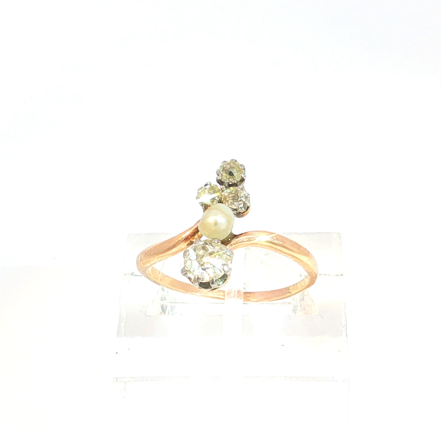 Antique Edwardian Old Mine Cut Diamond and Pearl Bypass Ring in 14k Rose Gold