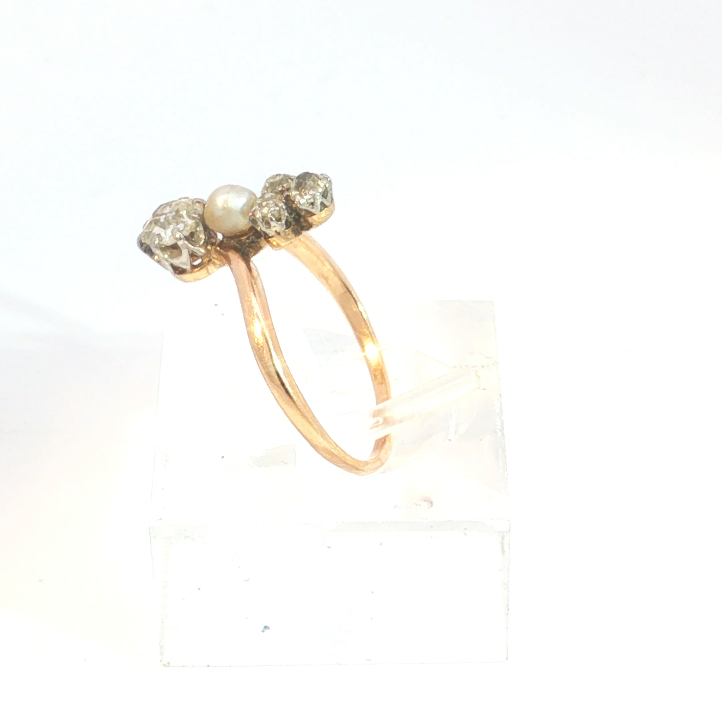 Antique Edwardian Old Mine Cut Diamond and Pearl Bypass Ring in 14k Rose Gold