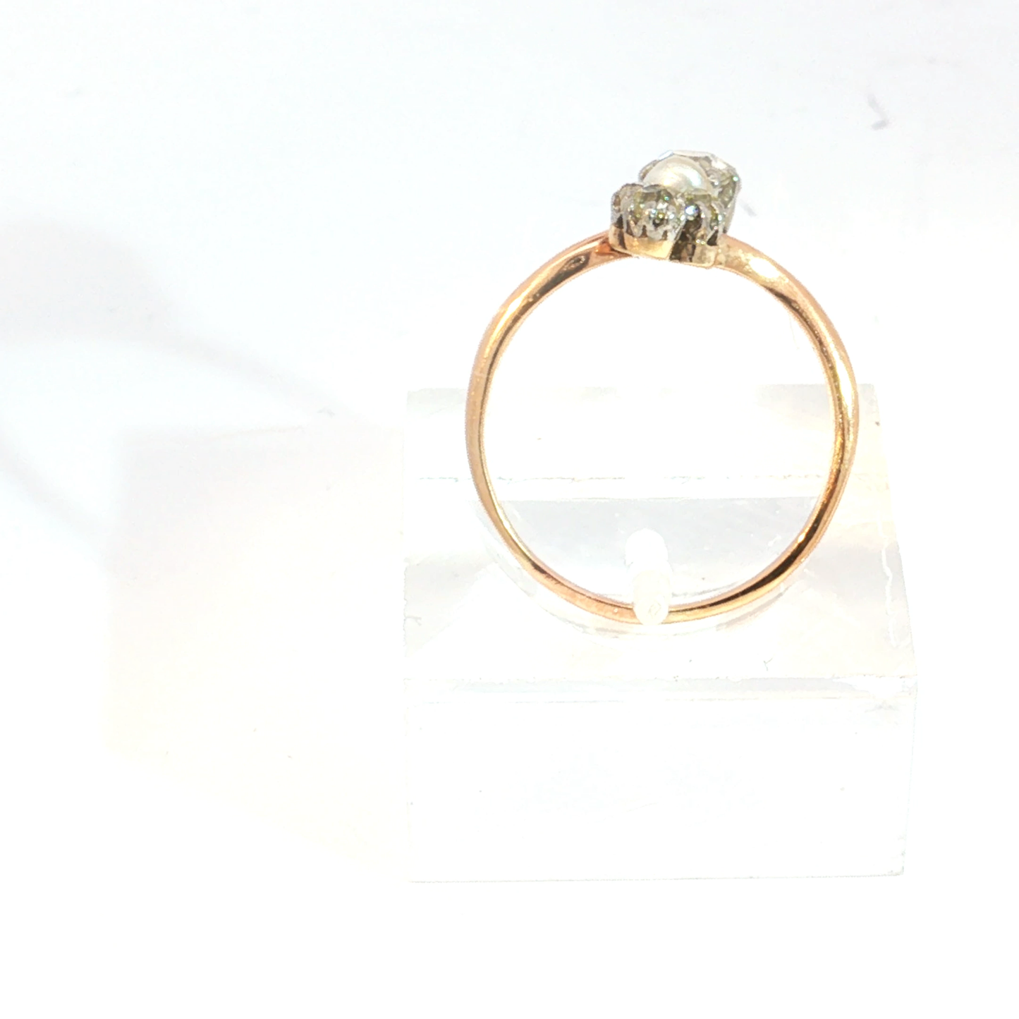 Antique Edwardian Old Mine Cut Diamond and Pearl Bypass Ring in 14k Rose Gold