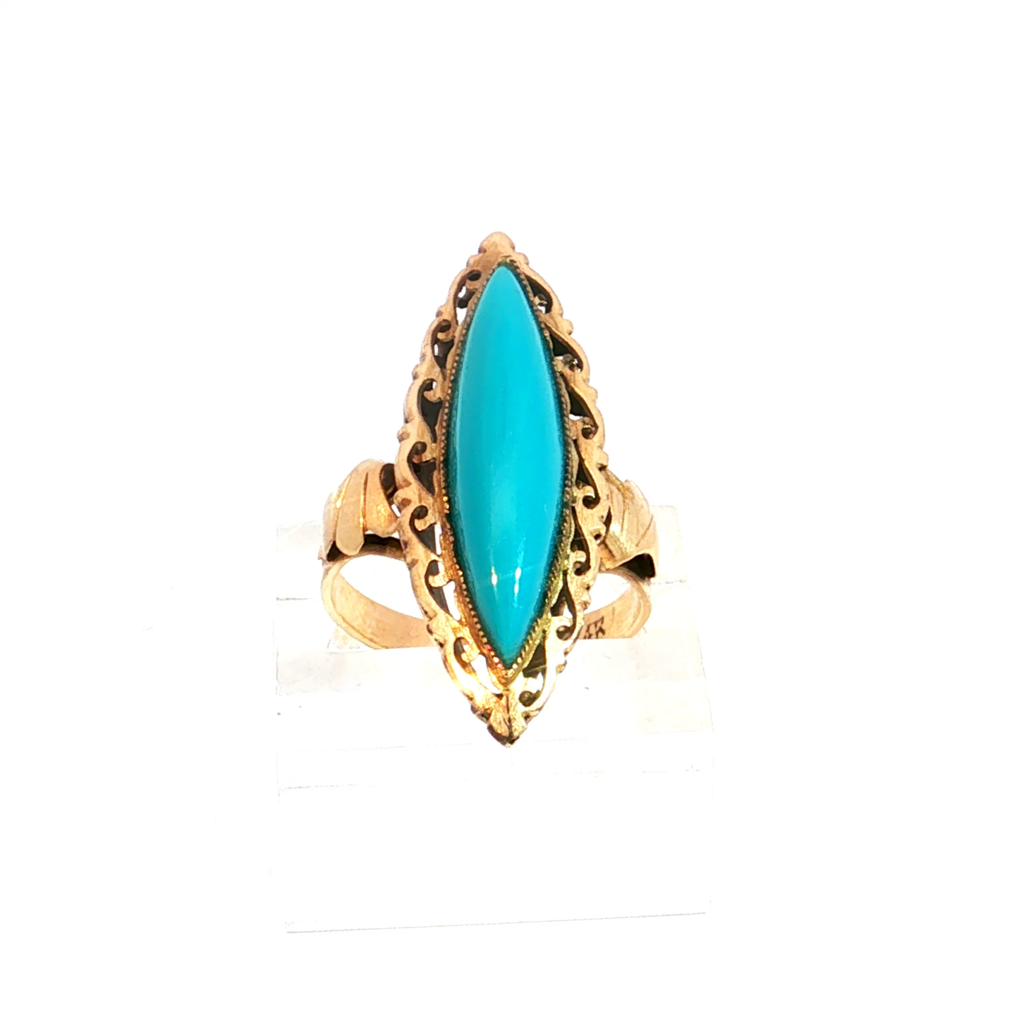 Antique Victorian Marquise Turquoise Filigree Cocktail Ring in 14k Yellow Gold