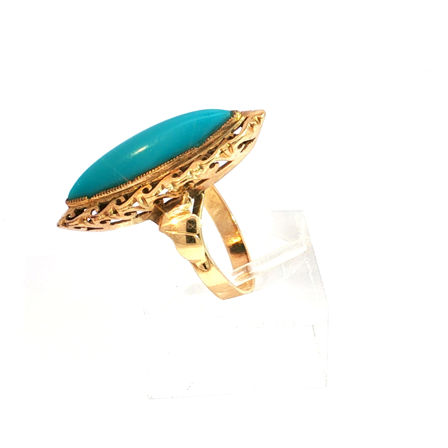 Antique Victorian Marquise Turquoise Filigree Cocktail Ring in 14k Yellow Gold