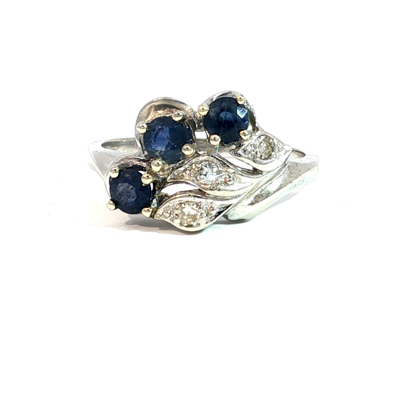 Deep Blue Sapphire and Diamond Accent Leaf Motif Ring
