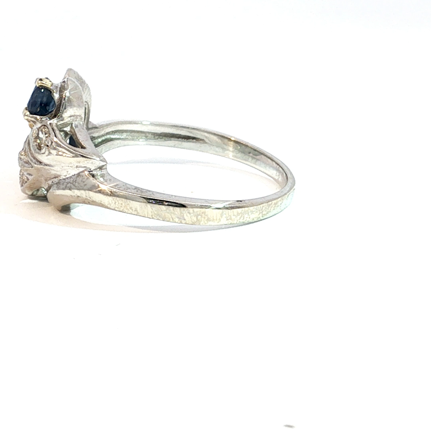 Deep Blue Sapphire and Diamond Accent Leaf Motif Ring