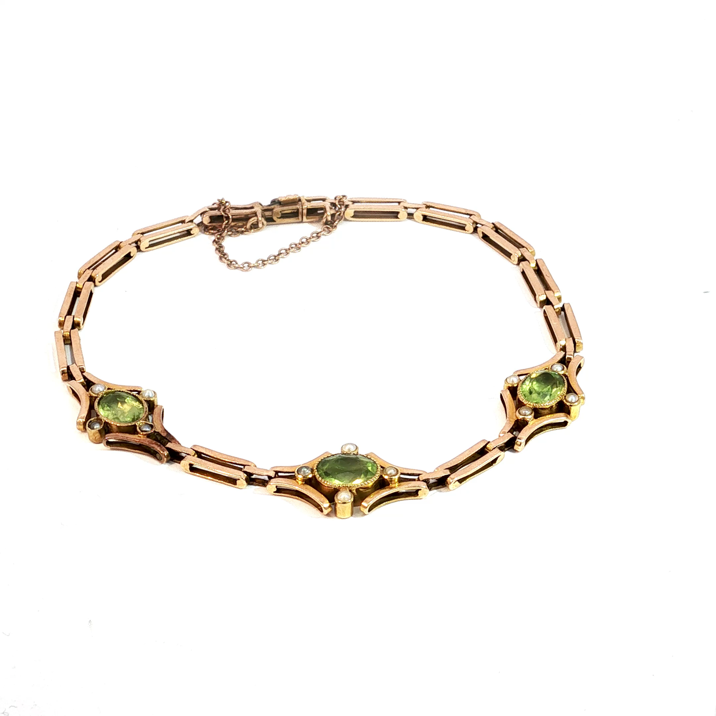 Antique Victorian Peridot and Pearl Accent Solid Gold Link Bracelet