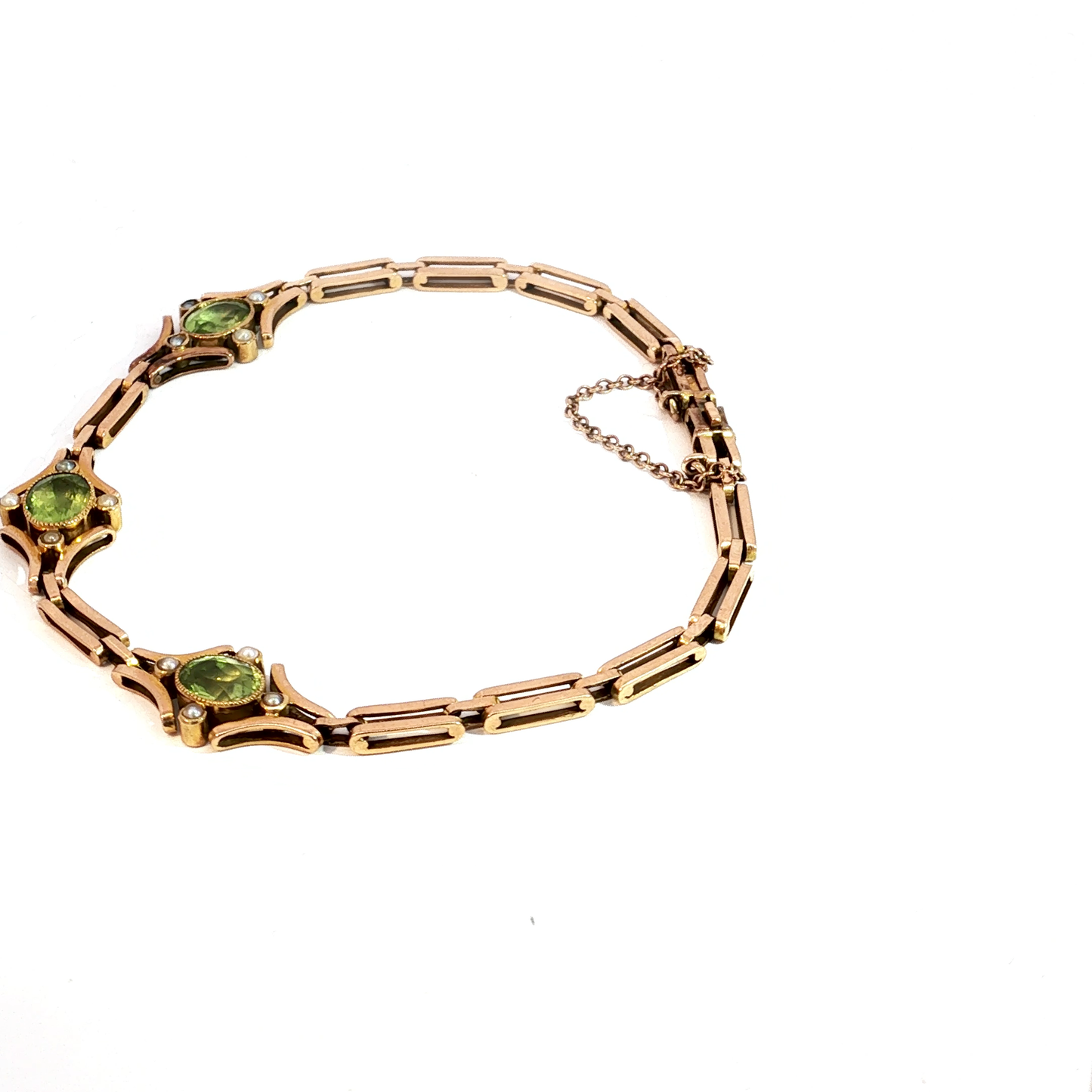 Antique Victorian Peridot and Pearl Accent Solid Gold Link Bracelet