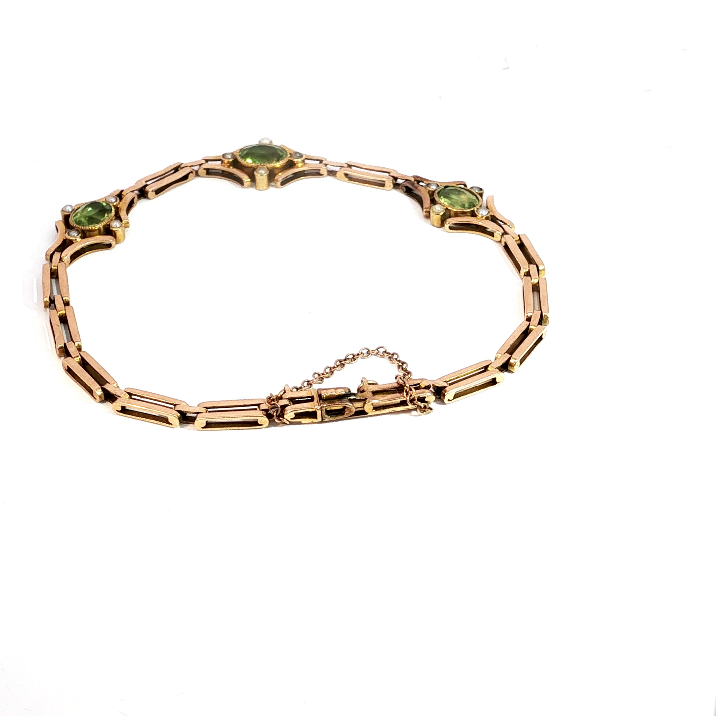 Antique Victorian Peridot and Pearl Accent Solid Gold Link Bracelet