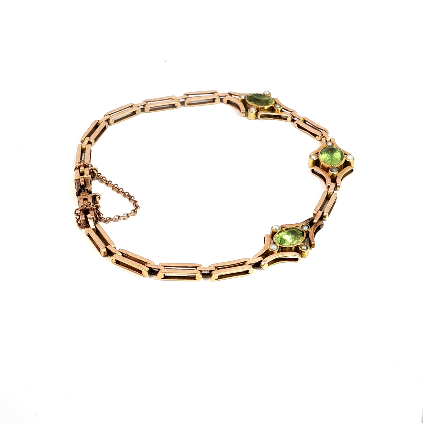 Antique Victorian Peridot and Pearl Accent Solid Gold Link Bracelet