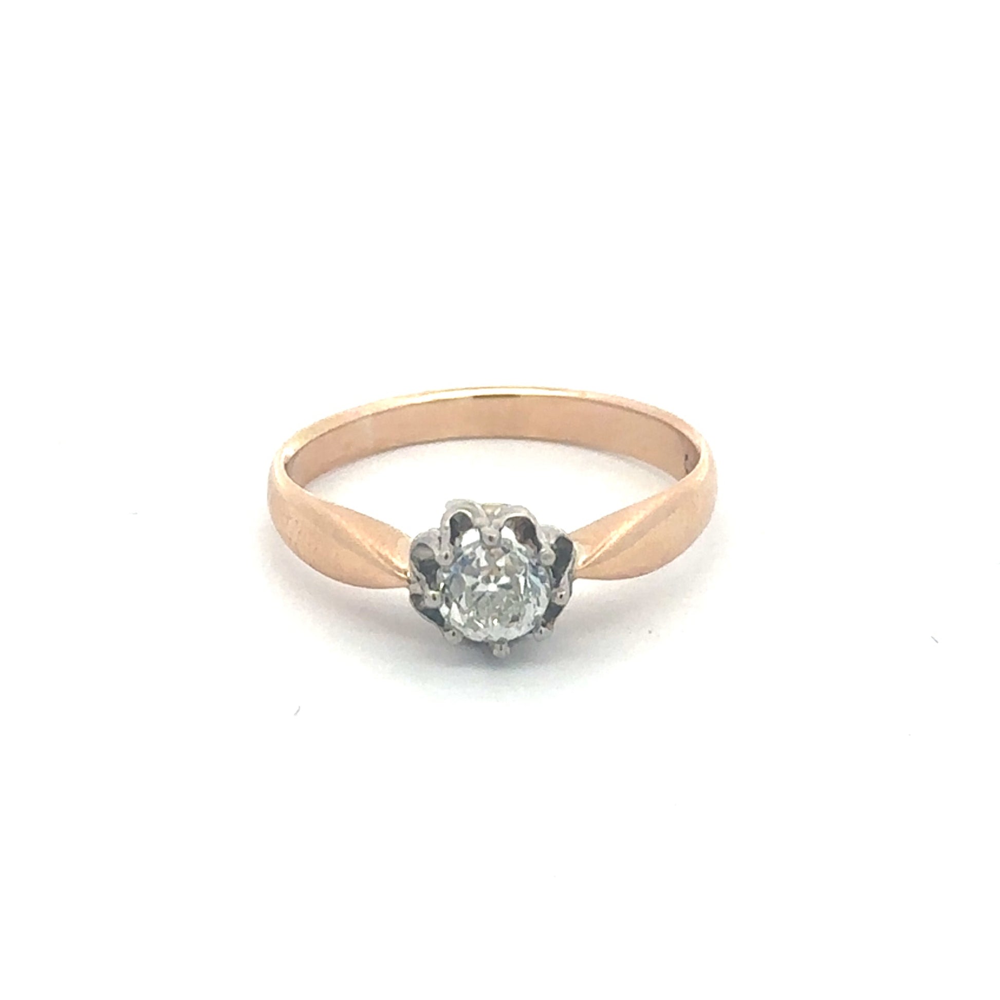 Antique Victorian diamond solitaire ring with old mine cut diamond in 14k yellow gold with tapered band, vintage Silver Lady design.