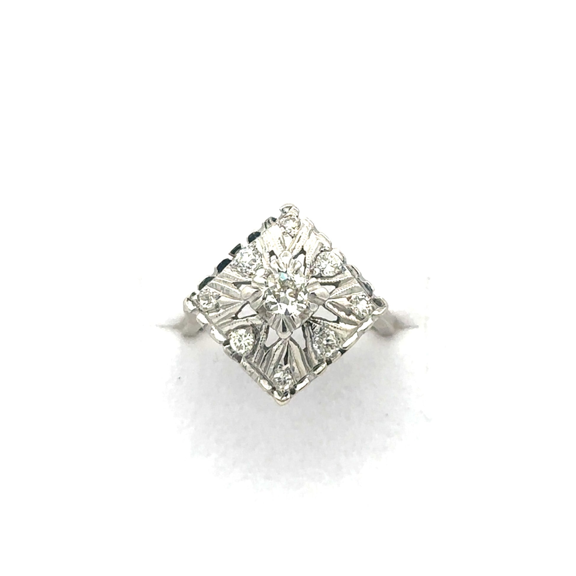 Art Deco diamond filigree cocktail ring in 14k white gold with intricate vintage design, crafted by Silver Lady Vintage.