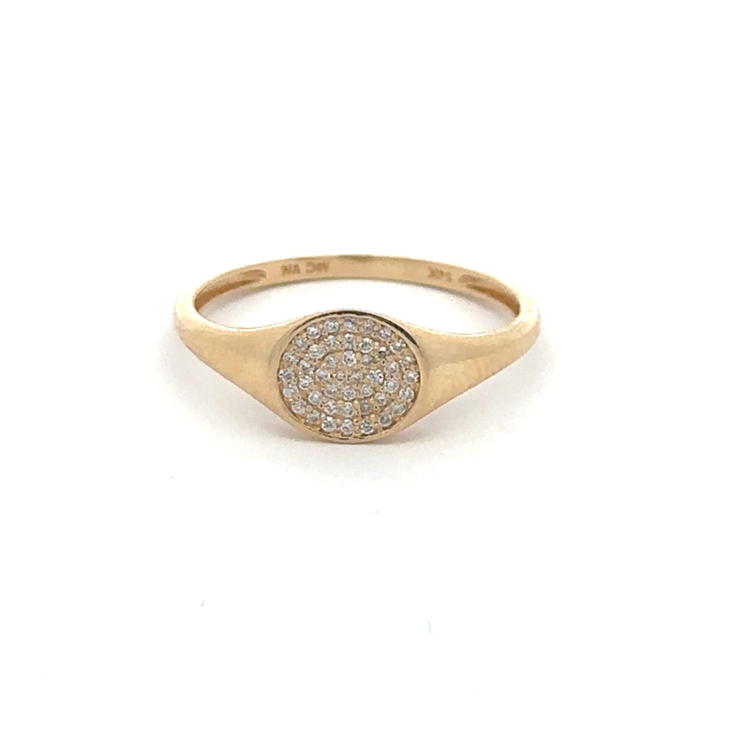 Yellow gold Diamond Pavé Circular Signet Ring by Silver Lady Vintage featuring sparkling diamonds and a smooth, polished band.