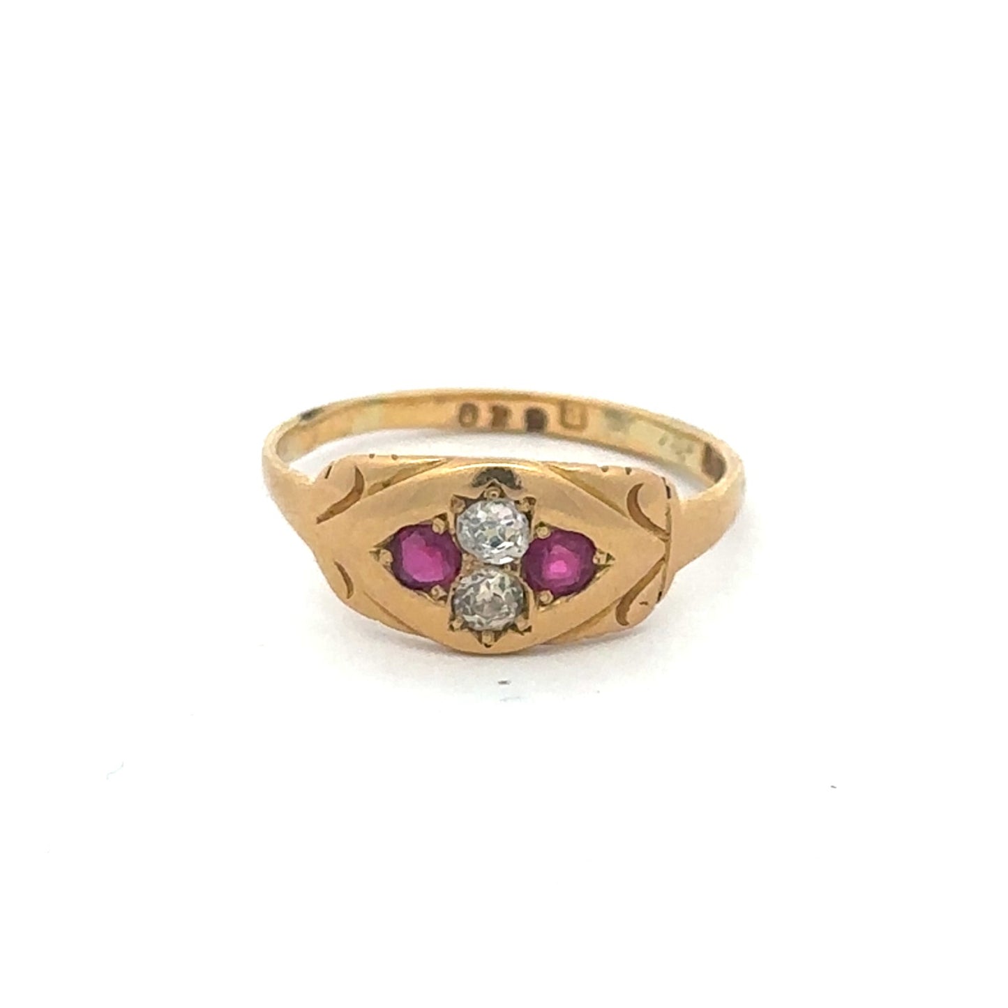 Antique Victorian ruby and old mine cut diamond ring in 9k yellow gold, featuring vintage gemstone settings and intricate gold band.