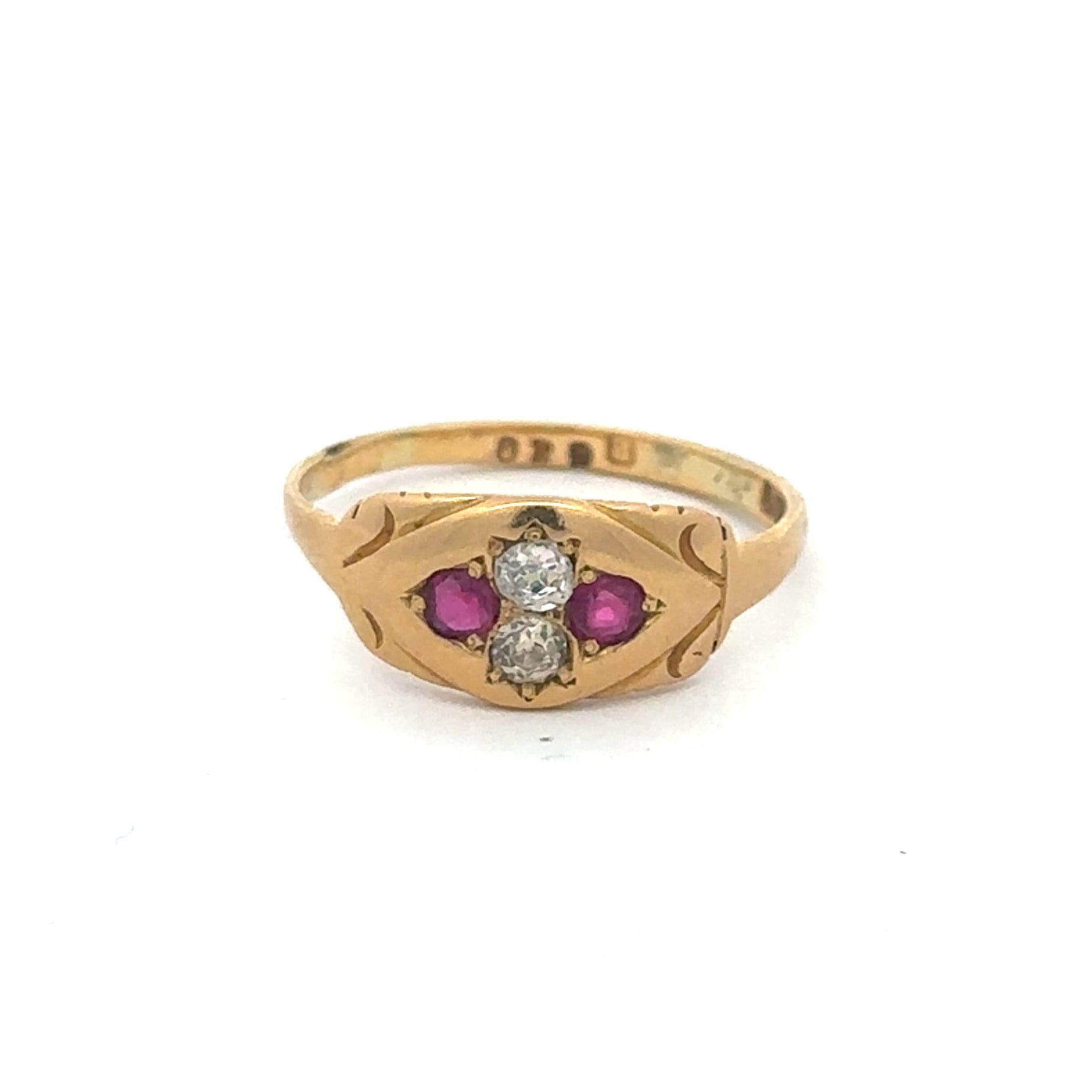 Antique Victorian ruby and old mine cut diamond ring in 9k yellow gold, featuring vintage gemstone settings and intricate gold band.