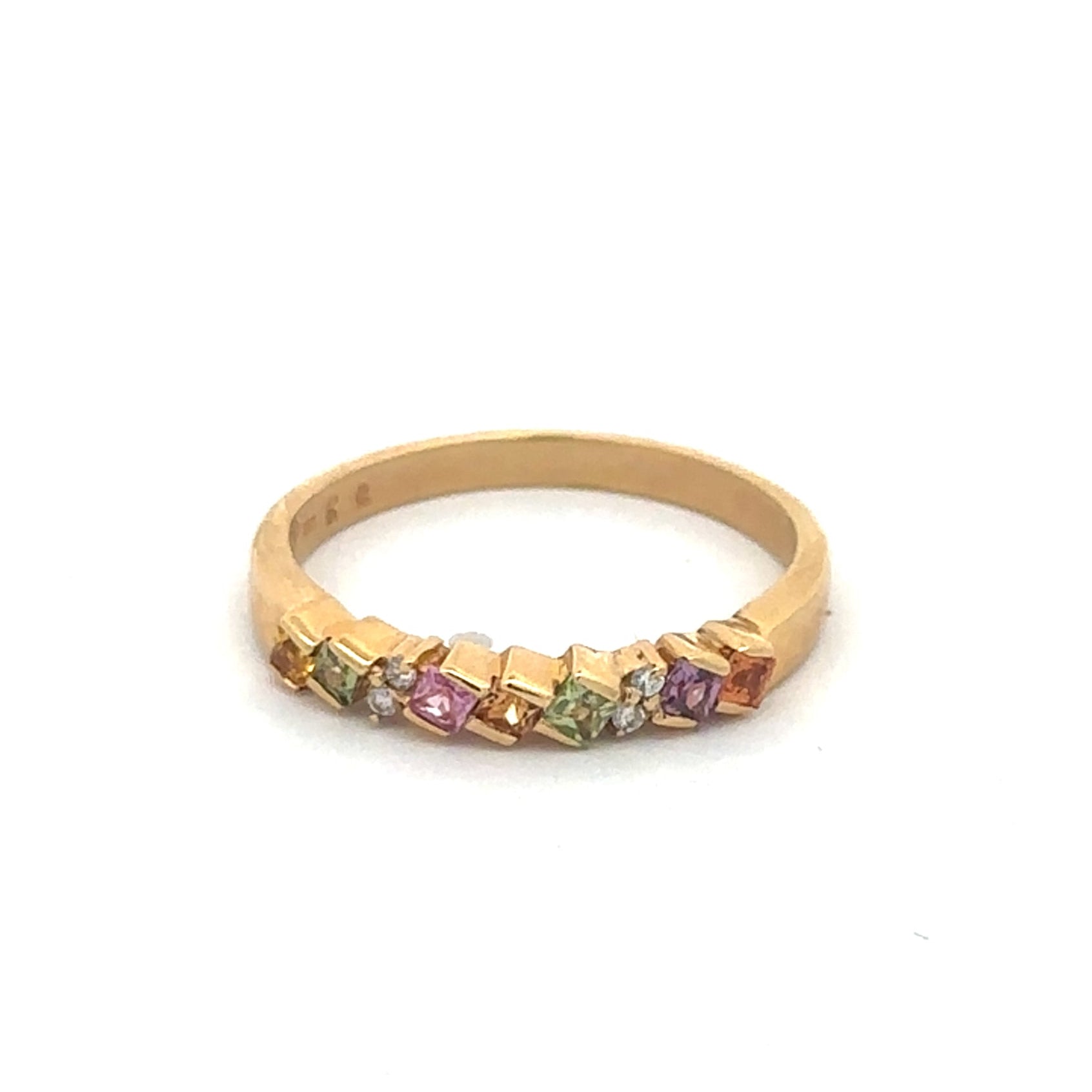Rainbow sapphire stackable ring in 18k yellow gold with vibrant gemstones, crafted by Silver Lady Vintage.