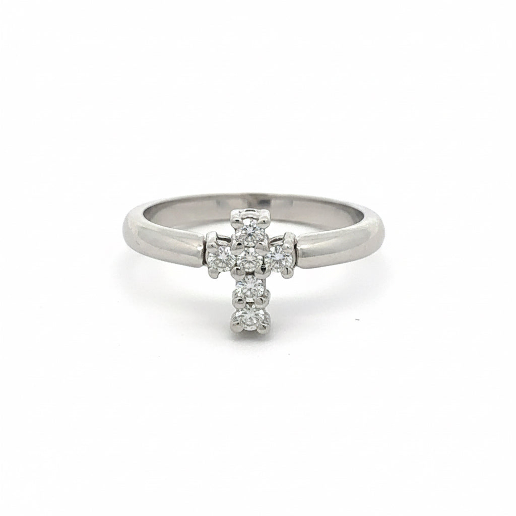 Diamond cross ring in 14K white gold with a silver lady vintage style, featuring sparkling diamonds and detailed craftsmanship.