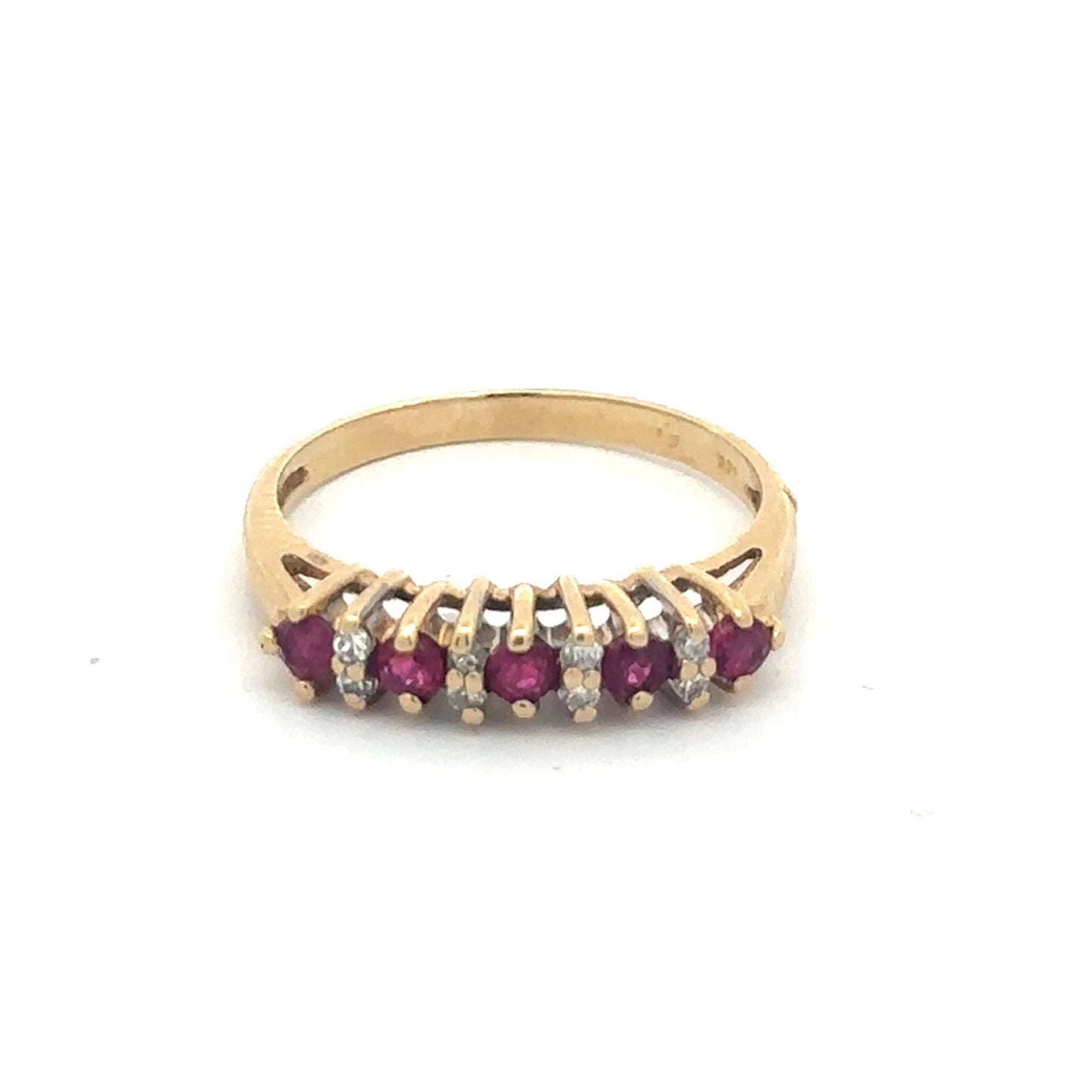 Natural ruby and diamond stacker band in 14k yellow gold featuring a vintage Silver Lady design with intricate detailing.